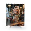 Labubu Coffee Spill Shower Curtain – Funny Café Scene Bathroom Decor A shower curtain featuring a humorous coffee spill scene from a café, printed in vibrant colors on a white background.