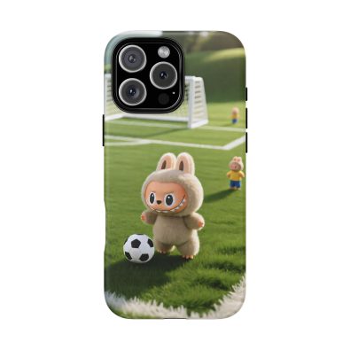 A colorful phone case featuring a playful bunny holding a soccer ball, designed for kids and sports enthusiasts