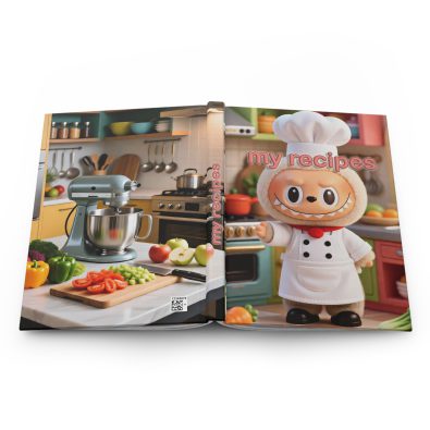 Front cover of a hardcover recipe journal featuring a playful chef illustration and kitchen-themed design