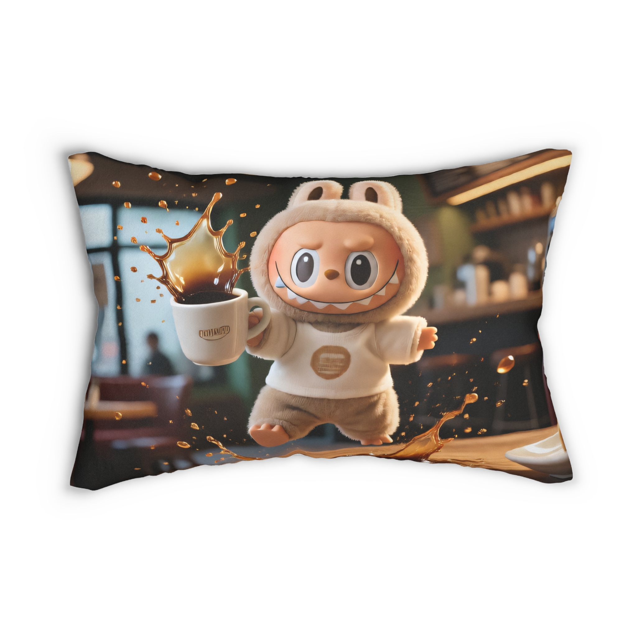 Labubu "Coffee Mishap" Lumbar Pillow – Funny Spilled Coffee Throw Pillow A plush lumbar pillow featuring a humorous spilled coffee design, perfect for home decor