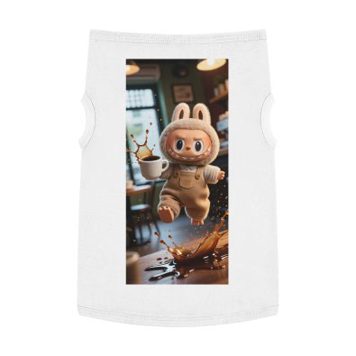 A stylish pet tank top featuring a playful Labubu doll and coffee cup design, perfect for animal lovers