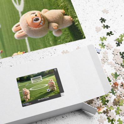 A colorful jigsaw puzzle featuring cute animal characters playing soccer, designed for children