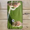 A fitted sheet featuring a vibrant soccer theme for children’s bedding