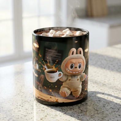 Black ceramic mug with a vibrant café scene illustration, featuring coffee cups and latte art, perfect for energizing your day