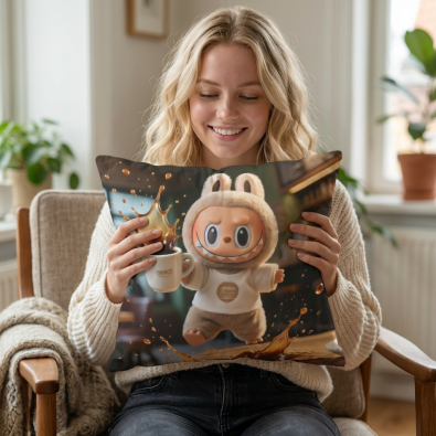 A plush lumbar pillow featuring a humorous spilled coffee design, perfect for home decor