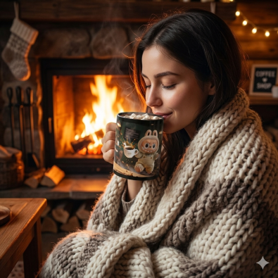 Black ceramic mug with a vibrant Labubu café scene illustration