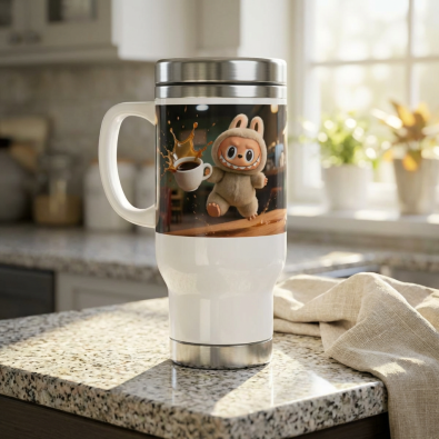 A 14-ounce insulated stainless steel travel mug featuring a humorous Labubu Coffee Shop mishap design and a sturdy handle