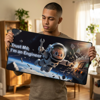 Space-themed engineer desk mat featuring a stylized galaxy background and the phrase 'Trust Me I Am an Engineer' in bold lettering