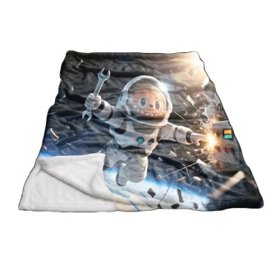 A child wearing a bright blue astronaut sleeping bag with a star‑shaped zipper and soft, cloud‑like padding