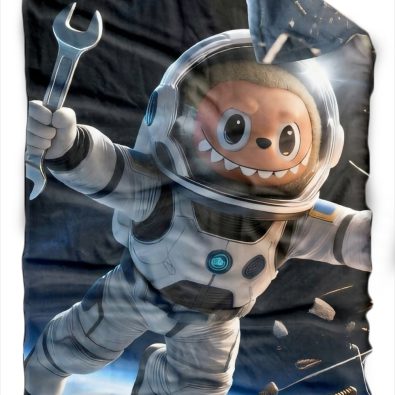 A child wearing a bright blue astronaut sleeping bag, lying on a fluffy cloud-shaped mattress in a starry-themed bedroom