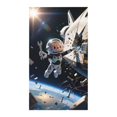 Fitted bed sheet featuring a space shuttle design in a galaxy repair theme, suitable for a bedroom or nursery