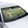 Labubu soccer car sun shade in bright blue and white colors covering a car windshield