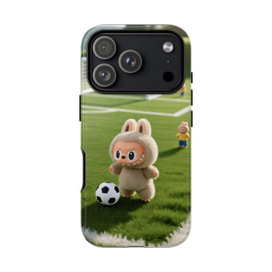 A colorful phone case featuring a playful bunny holding a soccer ball, designed for kids and sports enthusiasts