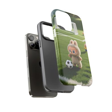 A colorful phone case featuring a playful bunny holding a soccer ball, designed for kids and sports enthusiasts
