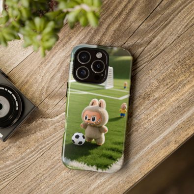 A colorful phone case featuring a playful bunny holding a soccer ball, designed for kids and sports enthusiasts