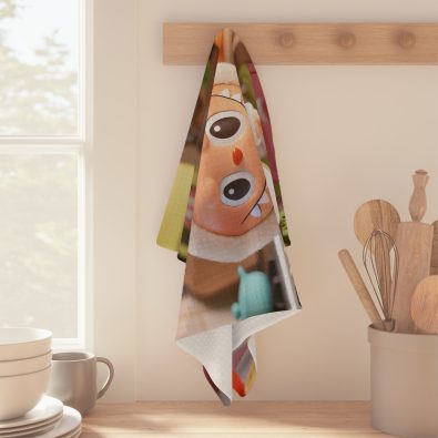 Labubu microfiber tea towel featuring a playful Ched character design in bright colors