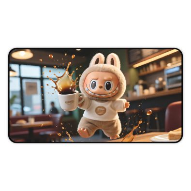 Large anti‑slip desk mat featuring a humorous spilled coffee design with the Labubu logo