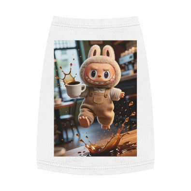 A stylish tank top featuring a playful Labubu doll and a coffee cup design for pet lovers