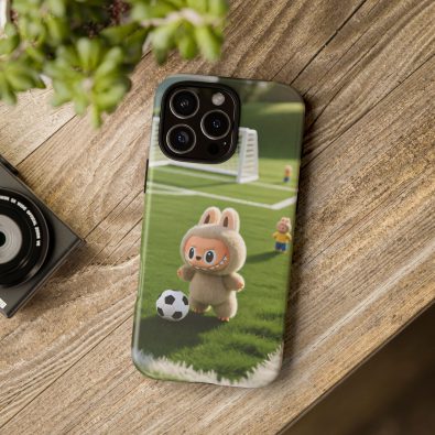 A colorful phone case featuring a playful bunny holding a soccer ball, designed for kids and sports enthusiasts