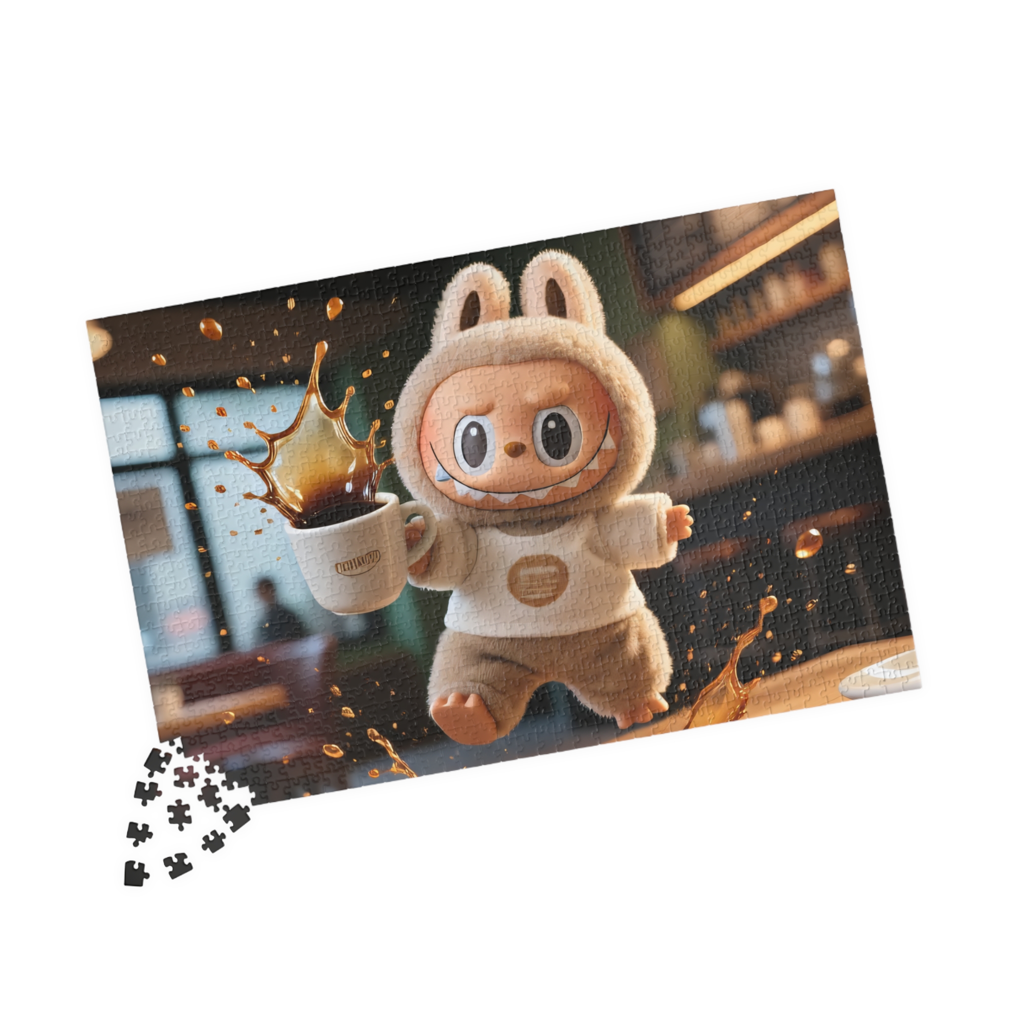 Labubu "Coffee Disaster" Jigsaw Puzzle – Funny Spilled Coffee Labubu Design – Relatable Art Puzzle A colorful jigsaw puzzle featuring a humorous spilled coffee scene in the Labubu style, showcasing a chaotic yet charming design that captures the everyday mishap of coffee spills.