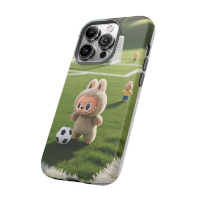 A colorful phone case featuring a playful bunny holding a soccer ball, designed for kids and sports lovers