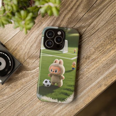 A colorful phone case featuring a playful bunny holding a soccer ball, designed for kids and sports enthusiasts