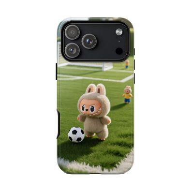 A colorful phone case featuring a playful bunny holding a soccer ball, designed for kids and sports enthusiasts