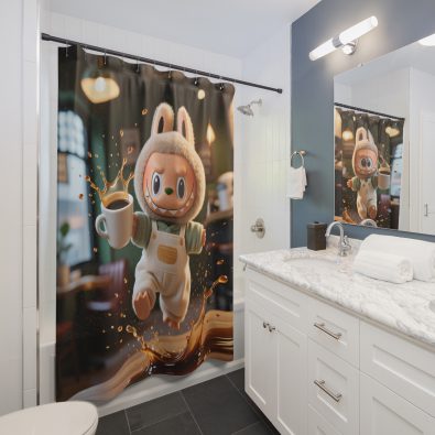 A shower curtain featuring a humorous coffee spill scene from a café, printed in vibrant colors