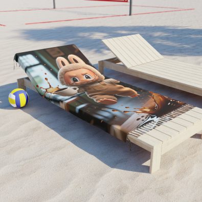 A colorful bohemian beach cloth featuring a playful coffee spill character and tassel accents, perfect for travel or home décor