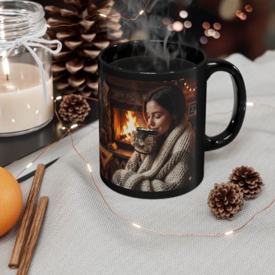A black ceramic mug featuring a festive bonfire lady illustration, perfect for hot cocoa during the holidays.