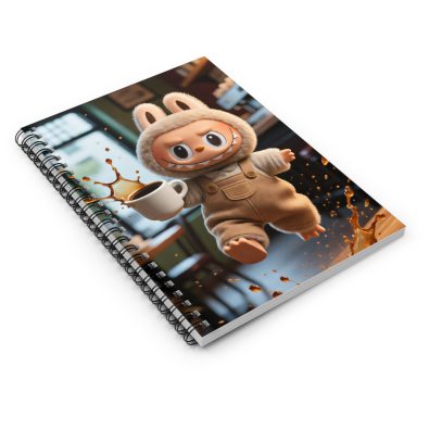 Spiral notebook featuring a humorous coffee shop scene with clumsy characters and Labubu branding