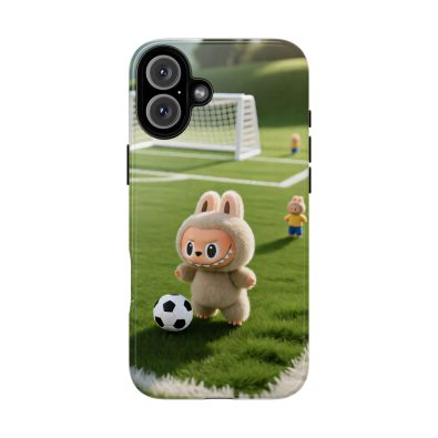 A colorful phone case featuring a playful bunny holding a soccer ball, designed for kids' phones