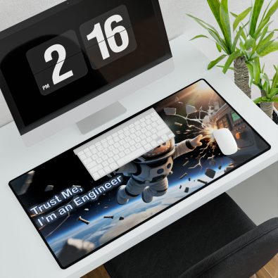 A matte black desk mat featuring a stylized space-themed design with the phrase 'Trust Me I Am an Engineer' in bold lettering