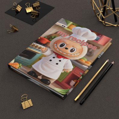A hardcover recipe journal featuring a charming chef illustration and kitchen-themed design