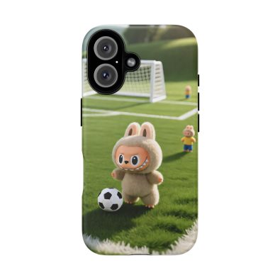 A colorful phone case featuring a playful bunny holding a soccer ball, designed for kids and sports enthusiasts