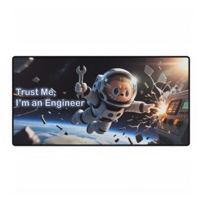 A sleek black desk mat featuring a space-themed design with stars and planets, accented by the phrase 'Trust Me I Am an Engineer' in bold lettering.