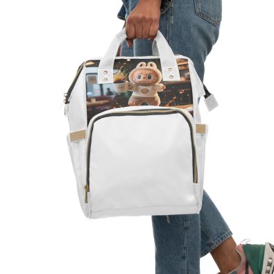 Labubu coffee spill diaper backpack in navy blue with multiple pockets and adjustable straps