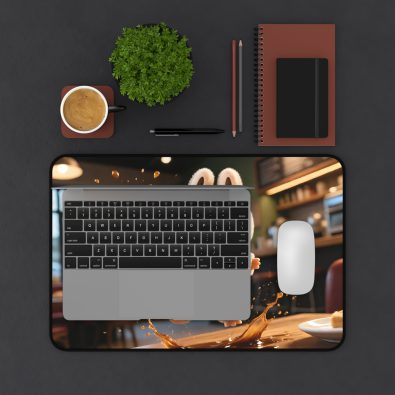 Large anti‑slip desk mat featuring a humorous spilled coffee design with the Labubu logo