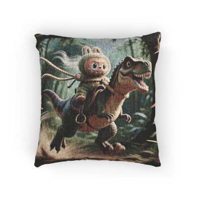 Woven dinosaur pillow in jungle pattern