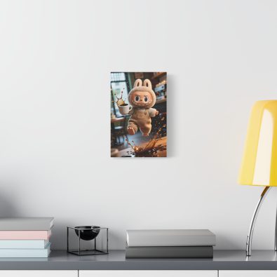 A whimsical canvas print featuring a clumsy monster spilling coffee on a kitchen counter, adding playful charm to any room