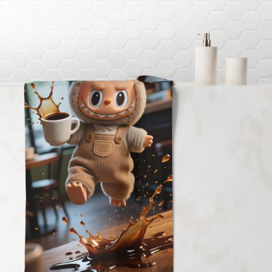 Plush Labubu character beach towel featuring a humorous spilled coffee scene