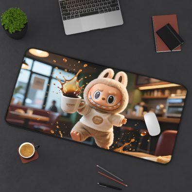 Large anti‑slip mousepad featuring a humorous spilled coffee design with the word Labubu in bold letters