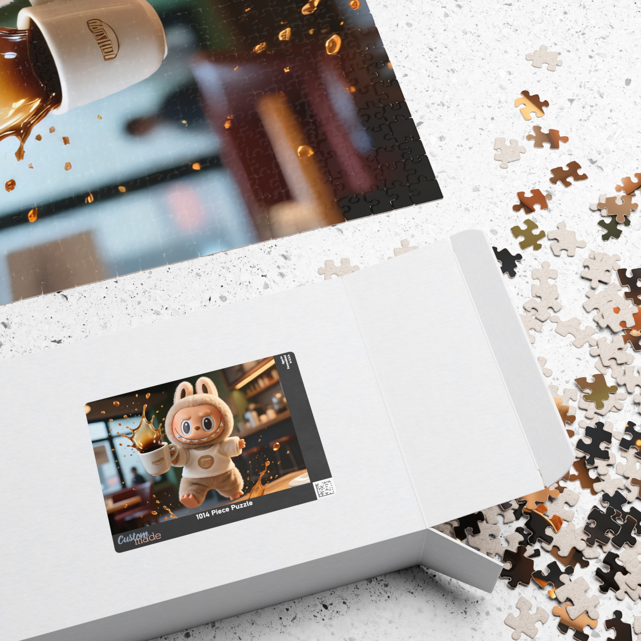 Labubu "Coffee Disaster" Jigsaw Puzzle – Funny Spilled Coffee Labubu Design – Relatable Art Puzzle (110, 252, 520, 1014 pcs) A jigsaw puzzle featuring a humorous spilled coffee scene with the Labubu logo and playful design elements