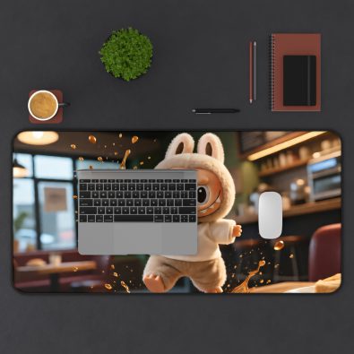 Large anti-slip mousepad featuring a humorous spilled coffee design with the word Labubu