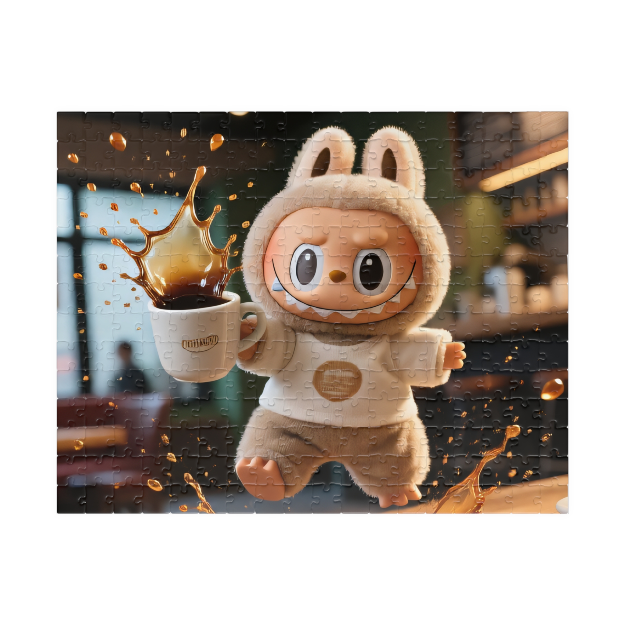 Labubu "Coffee Disaster" Jigsaw Puzzle – Funny Spilled Coffee Design A colorful jigsaw puzzle featuring a humorous spilled coffee scene, showcasing the Labubu brand and relatable art style.