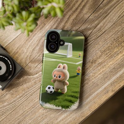 A colorful phone case featuring a playful bunny holding a soccer ball, designed for children