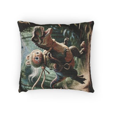 Woven dinosaur pillow in jungle pattern