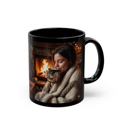 A black ceramic mug featuring a festive bonfire lady illustration, perfect for hot cocoa during the holiday season