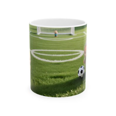 Ceramic mug featuring a soccer field illustration for dads who love their kids' games