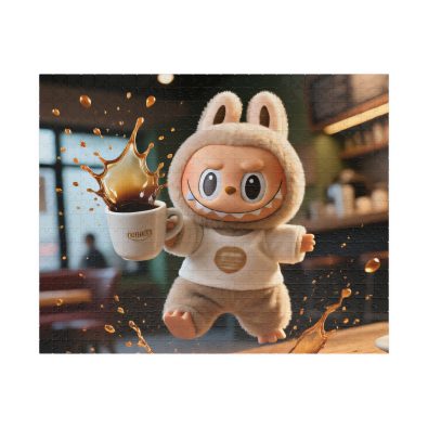 A colorful jigsaw puzzle featuring a humorous spilled coffee scene in the Labubu style, showcasing a chaotic yet charming design that captures the relatable frustration of coffee mishaps.